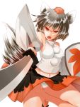  1girl animal_ears breasts detached_sleeves hat inubashiri_momiji kazu_(rakugakino-to) looking_at_viewer open_mouth red_eyes short_hair silver_hair simple_background skirt solo tail tokin_hat touhou weapon white_background wolf_ears wolf_tail 
