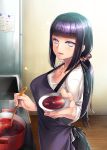  1girl apron blush breasts cleavage collarbone cooking food highres hyuuga_hinata kitchen ladle large_breasts long_hair looking_at_viewer low_ponytail naruto offering ponytail pot pov purple_hair refrigerator rororororo scrunchie shiny shiny_hair sink smile solo white_eyes 