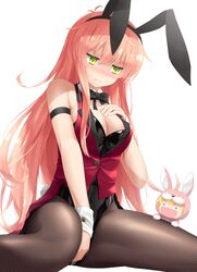  1girl animal_ears bare_arms between_legs blush bow bowtie breast_hold breasts bunnysuit cleavage corset embarrassed fishnet_pantyhose fishnets green_eyes haribote_(tarao) jinrui_wa_suitai_shimashita long_hair looking_down pantyhose pink_hair rabbit_ears simple_background solo sweatdrop watashi_(jintai) wavy_mouth wrist_cuffs 