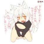  animal_ears blush breasts cleavage eyes fox_ears fox_tail heart kohaku_(yua) large_breasts open-chest_sweater original slit_pupils sweater tail translation_request white_hair yellow_eyes yua_(checkmate) 