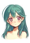  1girl bare_shoulders blush brown_eyes collarbone frown green_hair kantai_collection piano-alice portrait simple_background solo suzuya_(kantai_collection) white_background 