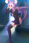  1girl alley animal_ears black_legwear blazer breasts brown_shoes climbing collared_shirt commentary_request ears fence hand_on_own_head highres long_hair long_sleeves miton15 necktie night open_mouth outdoors purple_hair purple_skirt rabbit_ears red_eyes reisen_udongein_inaba shoes skirt solo thigh-highs thighs touhou twitter_username 