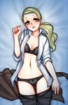  1girl bangs black_bra black_panties blush bra dakimakura green_eyes green_hair low_ponytail monorus navel npc open_clothes open_fly open_shirt panties pants_down pokemon pokemon_(game) pokemon_xy ponytail shirt small_breasts solo swept_bangs underwear unzipped waitress_(pokemon) 