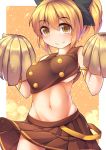  1girl adapted_costume blonde_hair blush bouncing_breasts bow breasts cheerleader fun_bo hair_bow kurodani_yamame large_breasts looking_at_viewer midriff navel pom_poms skirt sleeveless smile solo touhou yellow_eyes 