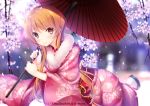  1girl blush brown_eyes brown_hair cherry_blossoms flower fur_trim holding japanese_clothes kaho_okashii kimono long_hair looking_at_viewer new_year nisekoi parasol smile socks solo tachibana_marika tree umbrella watermark wide_sleeves 