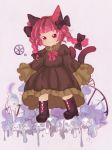  1girl :3 animal_ears asato_(aikiprpr) boots bow braid cat_ears cat_tail cross-laced_footwear dress dripping frilled_dress frilled_sleeves frills hair_bow highres kaenbyou_rin red_eyes redhead skull smile tail touhou twin_braids wheel 