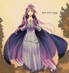  1girl absurdly_long_hair belly_chain blue_dress brown_background character_name cloak collarbone dress fire_emblem fire_emblem:_fuuin_no_tsurugi hands_together long_hair open_mouth own_hands_together purple_hair shoochiku_bai sofiya solo very_long_hair violet_eyes 
