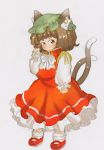  1girl animal_ears asato_(aikiprpr) brown_hair cat_ears cat_tail chen dress frilled_dress frills hat jewelry multiple_tails orange_eyes short_hair single_earring smile tail touhou two_tails 