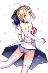  1girl ahoge ass bare_back blonde_hair bow dress elbow_gloves fate/stay_night fate_(series) from_behind gloves green_eyes hair_bow highres looking_back panties petals ponytail saber saber_lily smile solo thigh-highs underwear veilrain white_dress white_gloves white_legwear white_panties 