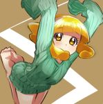  1girl barefoot blonde_hair brown_background feet hairband hrgm kise_yayoi looking_at_viewer precure short_hair sleeves_past_wrists smile_precure! solo sweater yellow_eyes 