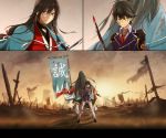  2boys aqua_eyes back-to-back banner blood braid brown_hair horikawa_kunihiro izumi-no-kami_kanesada japanese_clothes katana kote long_hair male_focus military military_uniform multiple_boys nuriko-kun short_hair standing sword touken_ranbu uniform weapon 