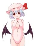  1girl bat_wings batta_(ijigen_debris) blue_hair bow cleavage_cutout competition_swimsuit fang hat hat_bow looking_at_viewer mob_cap one-piece_swimsuit red_eyes remilia_scarlet short_hair simple_background smile solo swimsuit touhou white_background wings zipper 