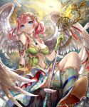  1girl angel_wings armor bent_knees blue_eyes blush crossed_legs feathers gloves hair_ornament hairband highres holding jewelry kneehighs long_hair looking_at_viewer official_art pisuke redhead shingoku_no_valhalla_gate shoes sitting skirt smile solo staff wings 