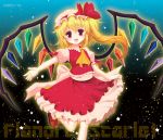  15_(tooka) 1girl ascot blonde_hair blush bow character_name crystal flandre_scarlet gradient gradient_background hat hat_bow looking_at_viewer mob_cap open_mouth outstretched_arm ponytail puffy_sleeves red_eyes ribbon sash shirt short_hair short_sleeves side_ponytail skirt skirt_set smile socks solo star touhou vest white_legwear wings 