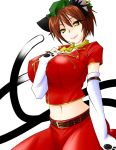  animal_ears breasts brown_hair cat_ears cat_tail chen huge_breasts impossible_clothes looking_at_viewer midriff older slit_pupils taiga_isaka tail touhou yellow_eyes zun_hat 