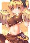  1girl adapted_costume blonde_hair blush bouncing_breasts bow breasts cheerleader fun_bo hair_bow kurodani_yamame large_breasts looking_at_viewer midriff navel pom_poms revision skirt sleeveless smile solo touhou yellow_eyes 