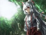  1girl armband bow dappled_sunlight dutch_angle expressionless fujiwara_no_mokou grave hair_bow hands_in_pockets highres juliet_sleeves light_rays long_hair long_sleeves looking_at_viewer pants puffy_sleeves red_eyes silver_hair sketch solo sunbeam sunlight suspenders thkani touhou 