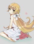 1girl barefoot blonde_hair blush_stickers dress long_hair monogatari_(series) oshino_shinobu pisuke sitting solo wariza yellow_eyes 