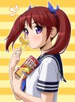  1girl can hair_ribbon ichikawa_masahiro mouth_hold original potato_chips redhead ribbon school_uniform serafuku solo twintails violet_eyes 