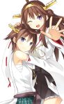  blue_eyes brown_hair cafe_choco detached_sleeves hairband hiei_(kantai_collection) hug japanese_clothes kantai_collection kongou_(kantai_collection) long_hair nontraditional_miko one_eye_closed short_hair siblings smile 