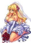  1girl absurdres bare_shoulders blonde_hair blue_eyes blush bouquet breasts bridal_veil cleavage dress earrings elbow_gloves flower freezing glasses gloves hair_flower hair_ornament high_heels highres huge_breasts jewelry kim_kwang_hyun kneeling legs light_smile long_hair necklace official_art rose satellizer_el_bridget scan shoes simple_background sitting solo sparkle strapless_dress thighs veil wariza wedding_dress white_background 