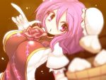  1girl bandages basket blurry breasts bun_cover double_bun flower food hair_bun ibaraki_kasen kuresento large_breasts looking_at_viewer open_mouth pink_eyes pink_hair puffy_sleeves rose shirt short_hair short_sleeves solo tabard touhou 