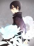  1boy black_eyes black_hair coat flower kirito short_hair standing sword_art_online tsukimori_usako 
