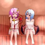  2girls arms_behind_back bat_wings blue_hair closed_eyes collarbone fang hand_in_hair head_tilt kameyan komeiji_satori looking_at_another multiple_girls naked_towel open_mouth pink_hair red_eyes remilia_scarlet sauna short_hair sitting steam sweat third_eye touhou towel wings 