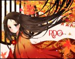  1girl autumn autumn_leaves blurry brown_hair camellia_(flower) depth_of_field flower holding holding_flower japanese_clothes leaf letterboxed long_hair looking_at_viewer maple_leaf pop159 rdg_red_data_girl solo suzuhara_izumiko title very_long_hair window 