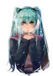  1girl bba1985 blush earmuffs green_eyes green_hair hatsune_miku highres long_hair looking_at_viewer simple_background solo vocaloid white_background 
