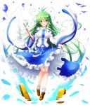  1girl balloon bare_shoulders bird breasts detached_sleeves feathers frog_hair_ornament gohei green_hair hair_ornament hair_ribbon highres kochiya_sanae large_breasts long_sleeves open_mouth osashin_(osada) pillar ribbon shirt skirt smile snake_hair_ornament solo touhou wide_sleeves yellow_eyes 