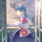 1girl alternate_costume ascot balcony blue_eyes blue_hair breasts brooch capelet clouds door double_bun dress earrings elbow_gloves gloves highres jewelry kantai_collection lighthouse lips long_hair ocean open_mouth sky solo sunset urakaze_(kantai_collection) water 