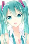  1girl 39 aqua_eyes aqua_hair bangs collared_shirt dated goma_(11zihisin) hatsune_miku looking_at_viewer open_mouth portrait signature sleeveless solo sparkle twintails undone_necktie vocaloid 