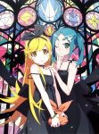  2girls :&lt; absurdres bangs black_dress blonde_hair blue_hair blush_stickers bracelet choker dress eyebrows flat_chest green_eyes hair_ornament hairband hand_on_another&#039;s_shoulder highres jewelry long_hair looking_at_viewer monogatari_(series) multiple_girls official_art ononoki_yotsugi oshino_shinobu parted_bangs parted_lips scan stained_glass strap_slip swept_bangs twintails very_long_hair watanabe_akio yellow_eyes 