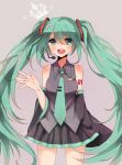  1girl aqua_eyes detached_sleeves green_hair hatsune_miku headset long_hair necktie open_mouth simple_background skirt solo twintails very_long_hair vocaloid 