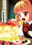  1girl ascot black_dress cake curtains dress eating food food_on_face fork fruit hair_ribbon inmu_(artist) long_sleeves open_mouth red_eyes ribbon rumia shirt solo strawberry table touhou upper_body window 