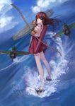  1girl aiming aiming_at_viewer airplane akagi_(kantai_collection) archery arrow blue_sky bow_(weapon) brown_eyes brown_hair clouds drawing_bow flight_deck full_body hakama_skirt highres kantai_collection long_hair looking_at_viewer muneate ocean outdoors pleated_skirt quiver red_skirt skirt sky solo standing tasuki thigh-highs weapon white_legwear youxuemingdie yugake zettai_ryouiki 