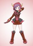  084_pro 1girl boots emotionless fake_horns fighting_stance full_body gloves highres holding holding_poke_ball hoodie horned_headwear kagari_(pokemon) kagari_(pokemon)_(remake) looking_at_viewer poke_ball pokemon pokemon_(game) pokemon_oras purple_hair ribbed_sweater short_hair simple_background solo sweater team_magma uniform violet_eyes 