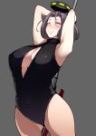  1girl arms_up blush breasts cleavage grey_background highres ironblood kantai_collection large_breasts mechanical_halo mole mole_under_eye one_eye_closed polearm purple_hair red_eyes short_hair simple_background smile solo swimsuit tatsuta_(kantai_collection) thighs weapon winking 