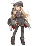  1girl :d bare_shoulders bismarck_(kantai_collection) blonde_hair blue_eyes crossed_arms detached_sleeves fang full_body goichi grey_legwear hat kantai_collection long_hair long_sleeves machinery military military_uniform open_mouth peaked_cap simple_background smile solo thigh-highs turret uniform very_long_hair white_background younger zettai_ryouiki 