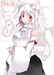  1girl animal_ears blush breasts commentary_request detached_sleeves hammer_(sunset_beach) inubashiri_momiji large_breasts looking_at_viewer open_mouth red_eyes short_hair skirt solo tail touhou translation_request white_hair wolf_ears wolf_tail 
