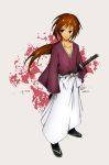  1boy absurdres artist_name black_eyes brown_hair dated deviantart full_body hakama highres himura_kenshin japanese_clothes katana kimono long_hair looking_away rurouni_kenshin samurai scar smile solo standing sword tabi tan_background weapon zouri 