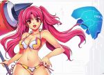  1girl absurdres bare_shoulders bikini breasts cleavage collarbone freezing genessa_roland hammer highres huge_filesize kim_kwang_hyun large_breasts long_hair looking_at_viewer midriff navel official_art open_mouth pink_eyes pink_hair side-tie_bikini solo stomach swimsuit weapon 