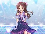  brown_eyes brown_hair dress elbow_gloves gloves headset highres idolmaster idolmaster_cinderella_girls long_hair microphone open_mouth singing smile stage tachibana_arisu 