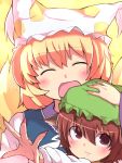  2girls animal_ears blonde_hair blush brown_eyes brown_hair cat_ears chen closed_eyes fingernails fox_tail hand_on_another&#039;s_hat hand_on_another&#039;s_head hat highres koutetu_bouya mob_cap multiple_girls outstretched_arms pillow_hat reaching short_hair smile tail tassel touhou yakumo_ran 