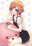  1girl blue_eyes blush brown_hair chin_rest looking_at_viewer miyamori_aoi open_mouth overalls patori polka_dot polka_dot_background shirobako short_hair sitting soda_can solo tied_hair wariza 