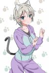  1girl :o anastasia_(idolmaster) animal_ears blue_eyes blush cat_ears cat_tail collarbone hoodie idolmaster idolmaster_cinderella_girls karurosugon kemonomimi_mode open_mouth pants paw_print short_hair silver_hair solo tail 