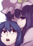  2girls blue_hair crescent hat highres hug hug_from_behind long_hair looking_at_another looking_up mob_cap multiple_girls no_hat one_eye_closed open_mouth patchouli_knowledge purple_hair red_eyes remilia_scarlet short_hair simple_background terimayo touhou violet_eyes white_background 