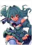  1girl absurdres aqua_hair breasts cassie_lockheart cleavage fingerless_gloves freezing gloves highres kim_kwang_hyun long_hair official_art open_mouth red_eyes scan simple_background solo thigh-highs weapon white_background 