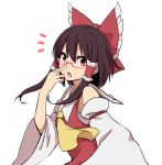  1girl ascot bare_shoulders bespectacled black_hair bow detached_sleeves dress glasses hair_bow hair_tubes hakurei_reimu leon_7 long_sleeves looking_at_viewer open_mouth red-framed_glasses red_dress red_eyes solo touhou wide_sleeves 
